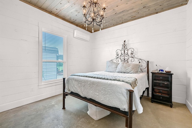 bedroom with an AC wall unit, wood ceiling, concrete flooring, and a notable chandelier