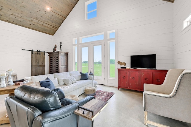 living area with finished concrete floors, a barn door, high vaulted ceiling, wooden ceiling, and wooden walls