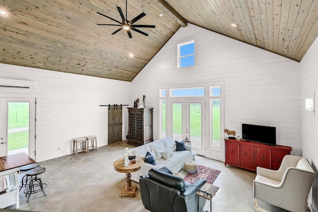 living area featuring a wall mounted air conditioner, high vaulted ceiling, recessed lighting, wooden ceiling, and a ceiling fan