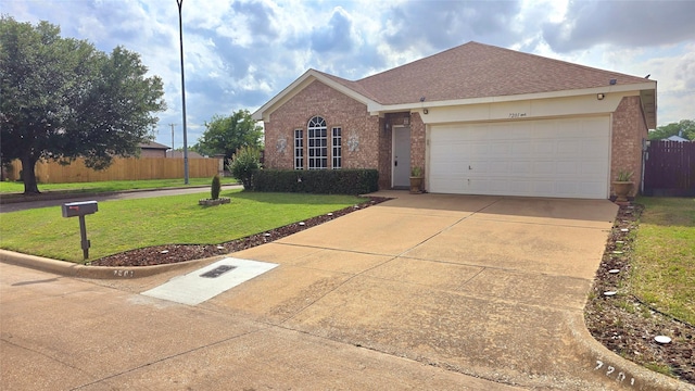 ranch-style home featuring a front yard, a garage, brick siding, fence, and concrete driveway