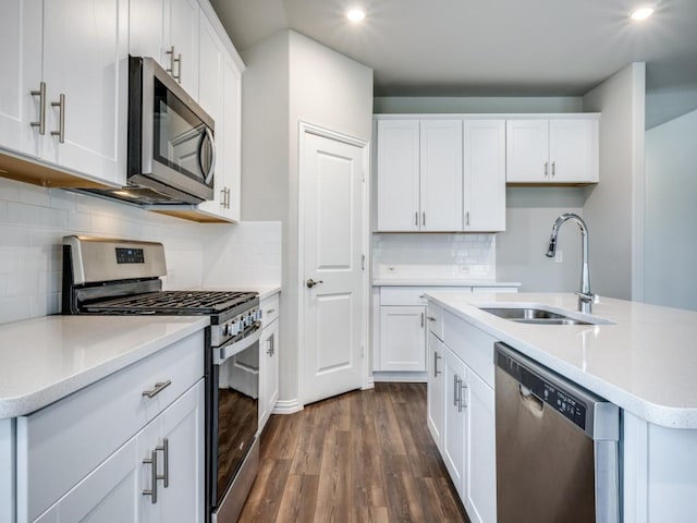 3517 Triumph Dr, Denton, TX 76207 - kitchen featuring dark wood-type flooring, recessed lighting, a sink, backsplash, and stainless steel appliances
