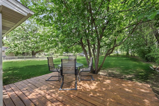 deck with a lawn, outdoor dining area, and a fenced backyard
