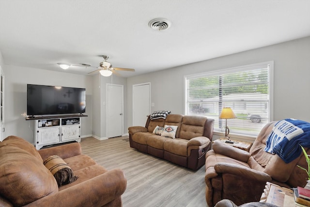 living area with visible vents, ceiling fan, and light wood-type flooring