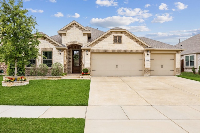 french provincial home with a front yard, stone siding, a shingled roof, an attached garage, and driveway