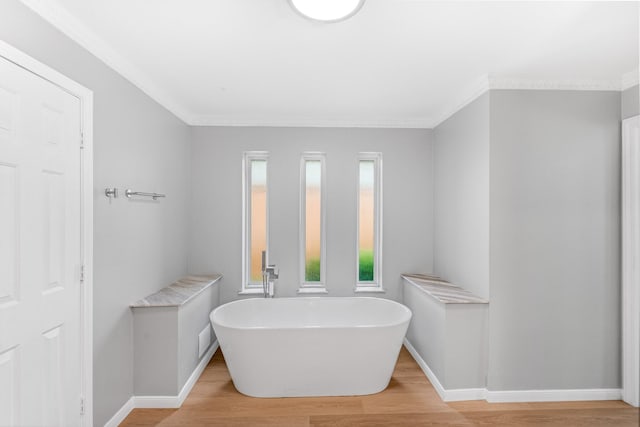 full bathroom featuring baseboards, a freestanding tub, and wood finished floors