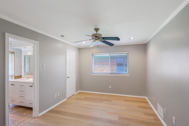 unfurnished bedroom with recessed lighting, baseboards, ornamental molding, and light wood finished floors