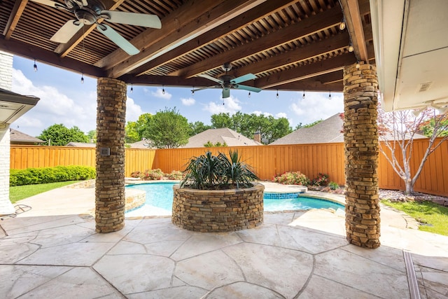 view of patio with a fenced in pool, a ceiling fan, and a fenced backyard