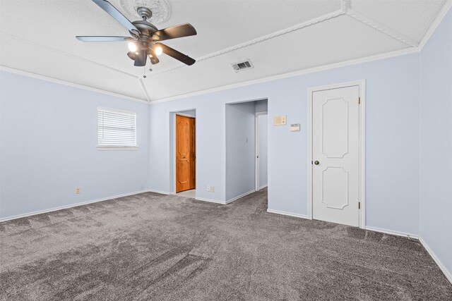 1013 Briarcreek Dr, Arlington, TX 76012 - unfurnished bedroom featuring a ceiling fan, visible vents, baseboards, ornamental molding, and carpet