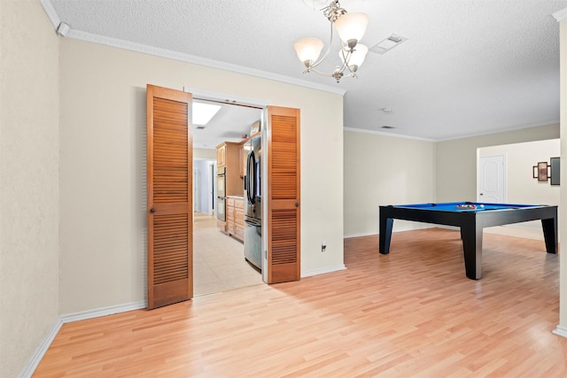 1013 Briarcreek Dr, Arlington, TX 76012 - rec room with crown molding, pool table, a notable chandelier, and light wood-style floors
