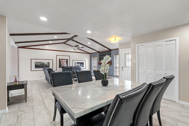 dining room featuring vaulted ceiling with beams, recessed lighting, baseboards, and ceiling fan