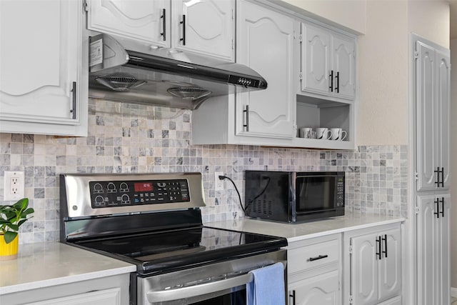 kitchen featuring stainless steel electric range, backsplash, under cabinet range hood, and white cabinets