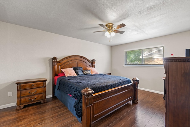 bedroom with baseboards, a ceiling fan, a textured ceiling, and wood finished floors