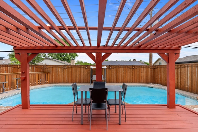 view of pool featuring a fenced backyard, a pergola, and a deck