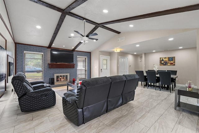 living room with a ceiling fan, visible vents, a fireplace, vaulted ceiling with beams, and recessed lighting