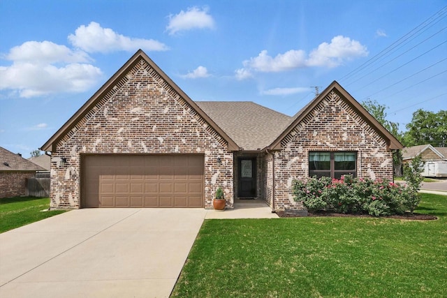 100 Prairie Grass Dr, Whitesboro, TX 76273 - french provincial home with a garage, a front lawn, roof with shingles, brick siding, and driveway