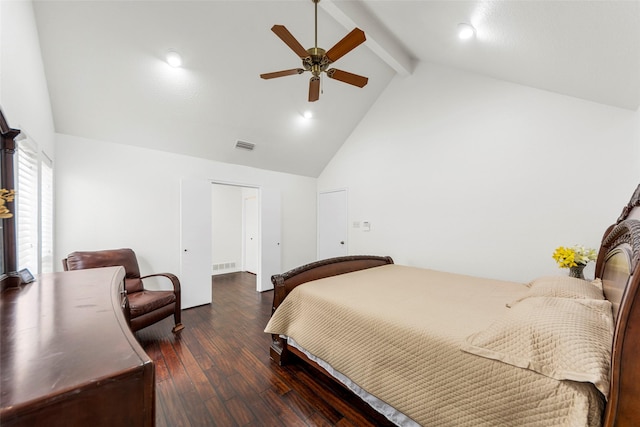 bedroom with high vaulted ceiling, dark wood finished floors, beam ceiling, and visible vents