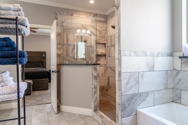 ensuite bathroom with a tile shower, ornamental molding, a tub to relax in, and ensuite bath