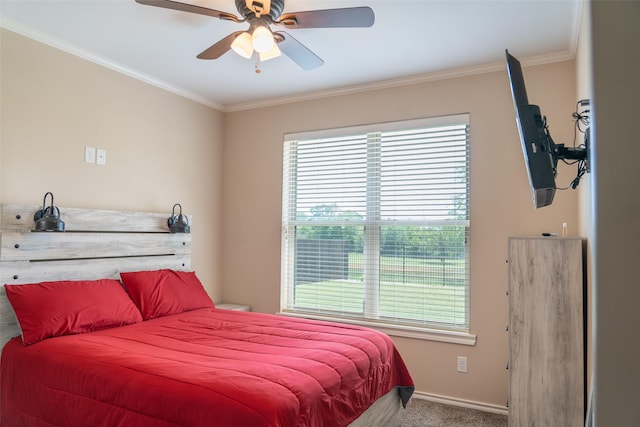carpeted bedroom with crown molding, baseboards, and multiple windows