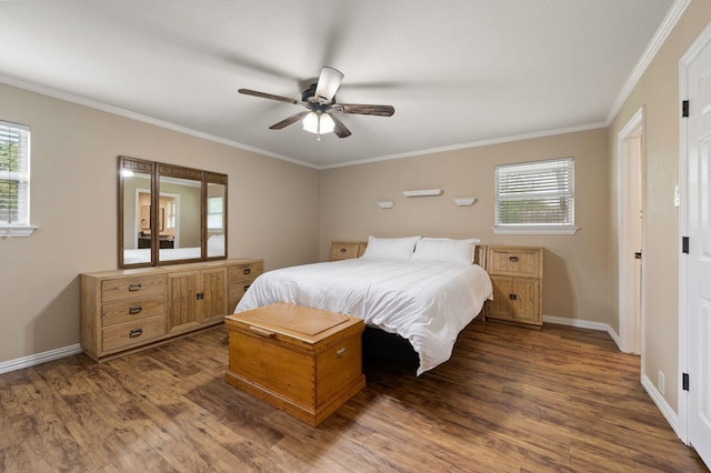 1823 E Cedar Elm Dr, Arlington, TX 76012 - bedroom featuring baseboards, ornamental molding, dark wood finished floors, and ceiling fan