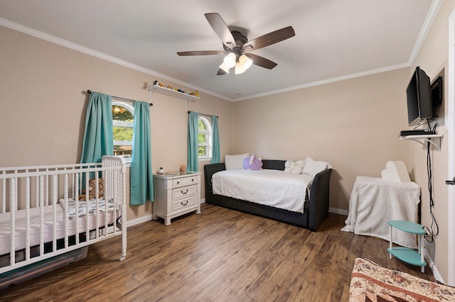 1823 E Cedar Elm Dr, Arlington, TX 76012 - bedroom with ornamental molding, a ceiling fan, and wood finished floors