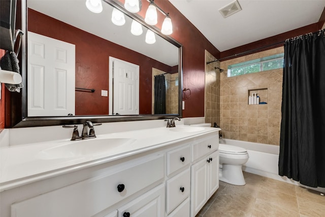full bathroom featuring visible vents, a sink, shower / bath combination with curtain, and double vanity
