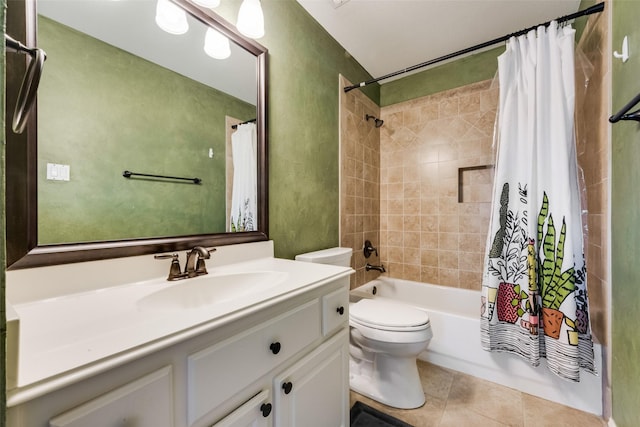 full bath featuring tile patterned flooring, shower / tub combo, vanity, toilet, and a textured wall