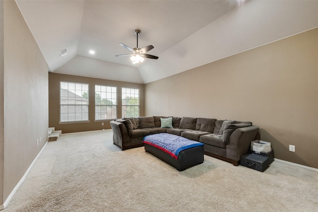 carpeted living area with visible vents, baseboards, recessed lighting, a ceiling fan, and vaulted ceiling
