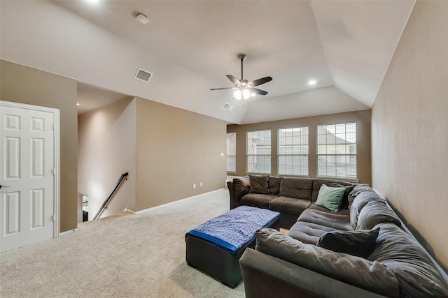 carpeted living area featuring a ceiling fan, visible vents, recessed lighting, and vaulted ceiling