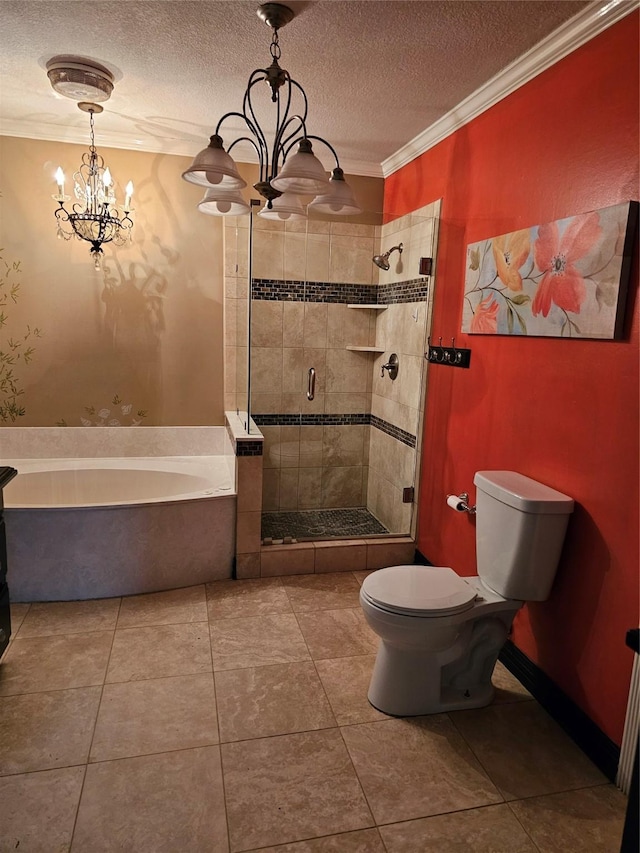 full bath featuring toilet, a textured ceiling, ornamental molding, a garden tub, and a stall shower