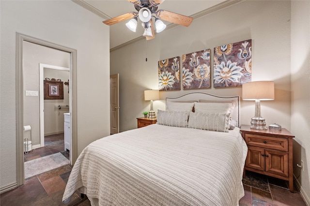 bedroom with crown molding, stone tile floors, ceiling fan, and ensuite bath