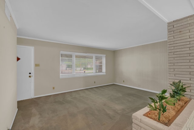 unfurnished living room with carpet floors, baseboards, visible vents, and ornamental molding