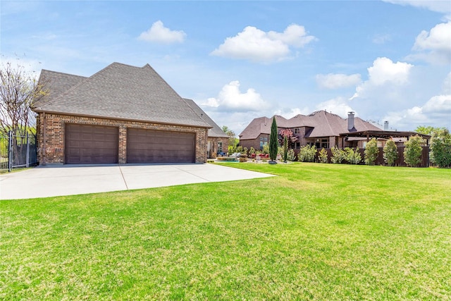 view of front of home featuring brick siding, a front yard, roof with shingles, concrete driveway, and an attached garage