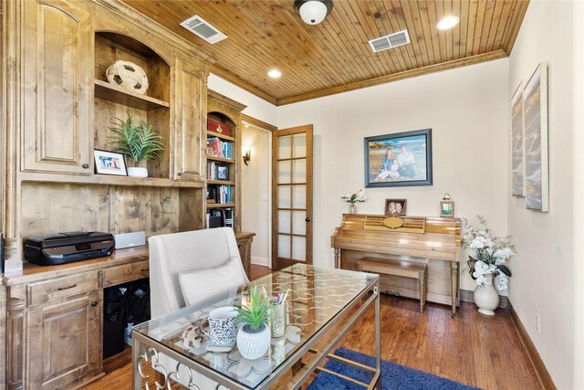 office area featuring ornamental molding, baseboards, light wood-type flooring, built in features, and wooden ceiling