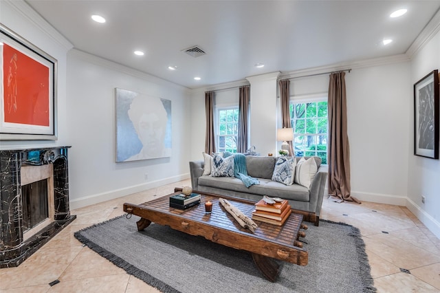 3400 Shenandoah St, University Park, TX 75205 - living room featuring ornamental molding, visible vents, recessed lighting, a fireplace, and baseboards