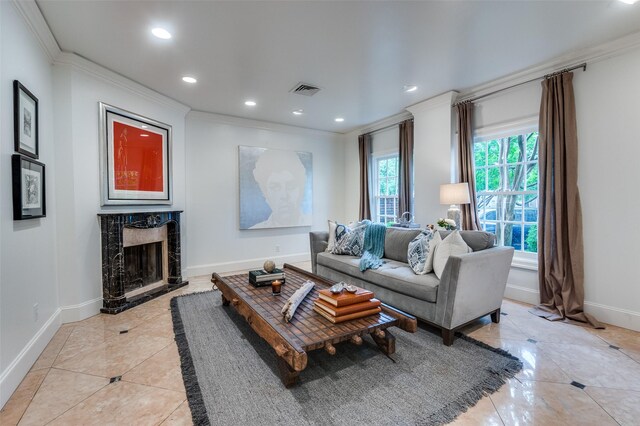 3400 Shenandoah St, University Park, TX 75205 - living area featuring crown molding, baseboards, and light tile patterned flooring