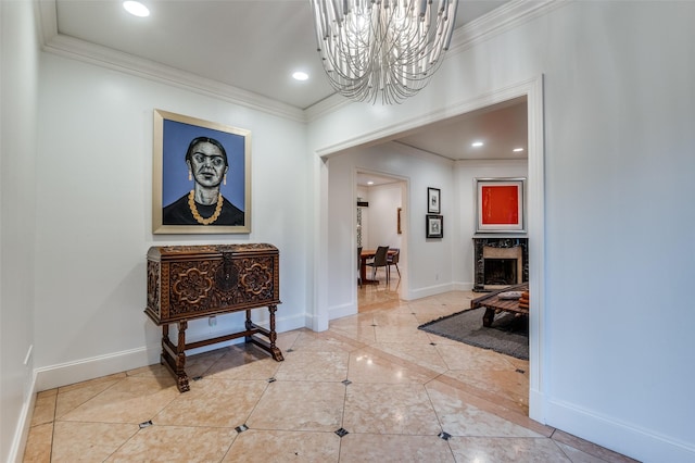3400 Shenandoah St, University Park, TX 75205 - hallway featuring baseboards, recessed lighting, an inviting chandelier, and crown molding
