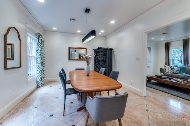 3400 Shenandoah St, University Park, TX 75205 - dining area featuring crown molding, baseboards, light tile patterned floors, and recessed lighting