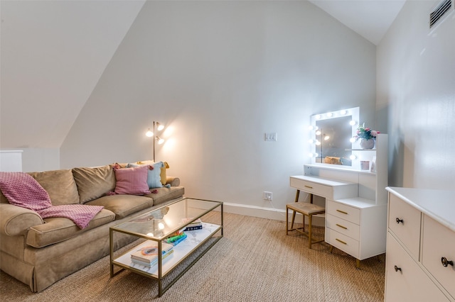 3400 Shenandoah St, University Park, TX 75205 - living room with baseboards, visible vents, light colored carpet, and high vaulted ceiling