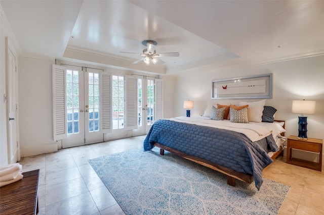 3400 Shenandoah St, University Park, TX 75205 - bedroom featuring a tray ceiling, french doors, access to exterior, and ornamental molding