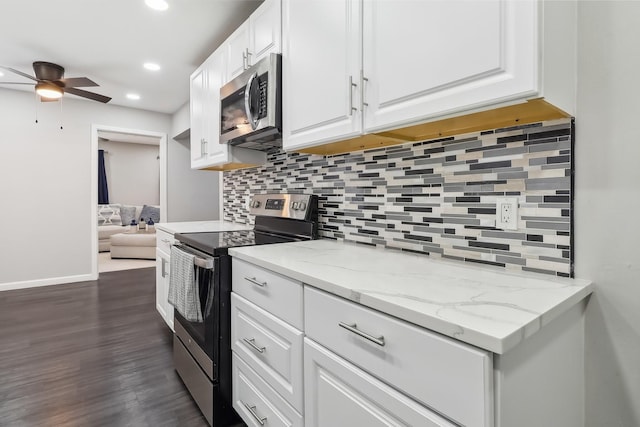 5636 Everglade Rd, Dallas, TX 75227 - kitchen featuring a ceiling fan, white cabinets, tasteful backsplash, and stainless steel appliances