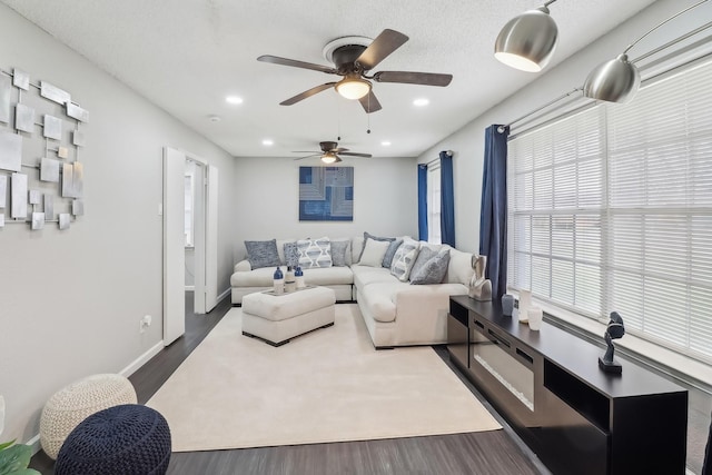 5636 Everglade Rd, Dallas, TX 75227 - living area featuring recessed lighting, a ceiling fan, baseboards, and dark wood-style floors