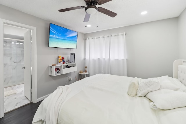 5636 Everglade Rd, Dallas, TX 75227 - bedroom featuring a ceiling fan, baseboards, connected bathroom, recessed lighting, and dark wood-type flooring