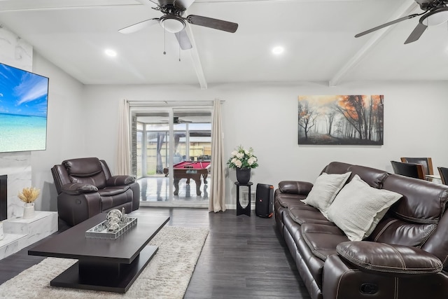 5636 Everglade Rd, Dallas, TX 75227 - living room featuring dark wood-style flooring, a ceiling fan, and beam ceiling