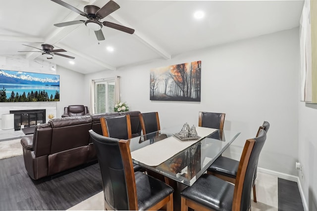 5636 Everglade Rd, Dallas, TX 75227 - dining room featuring vaulted ceiling with beams, a ceiling fan, baseboards, and wood finished floors