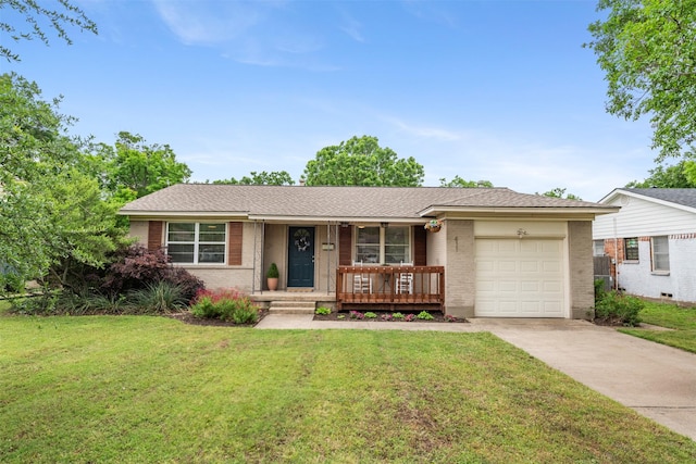 ranch-style home with brick siding, a garage, covered porch, and driveway