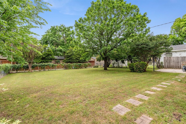 view of yard featuring a patio and a fenced backyard