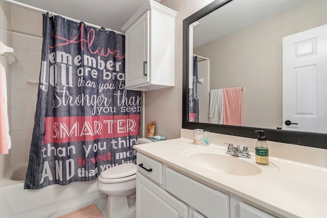 6401 Marlar Ln, The Colony, TX 75056 - bathroom with vanity, toilet, shower / tub combo with curtain, and tile patterned flooring