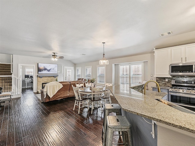 kitchen featuring visible vents, light stone countertops, dark wood finished floors, white cabinets, and stainless steel appliances