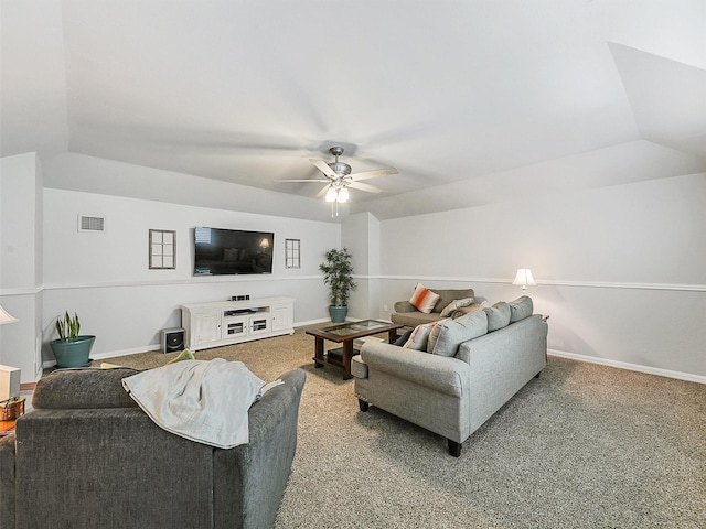 carpeted living area with baseboards, a ceiling fan, lofted ceiling, and visible vents