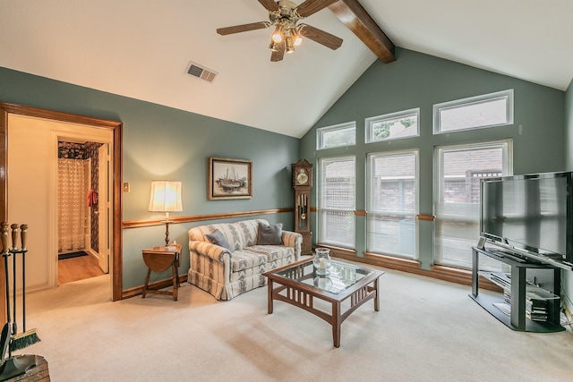 7917 Kendra Ln, North Richland Hills, TX 76182 - carpeted living room with beam ceiling, ceiling fan, and high vaulted ceiling